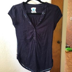 Guatemalan dark blue top with colorful stitching
